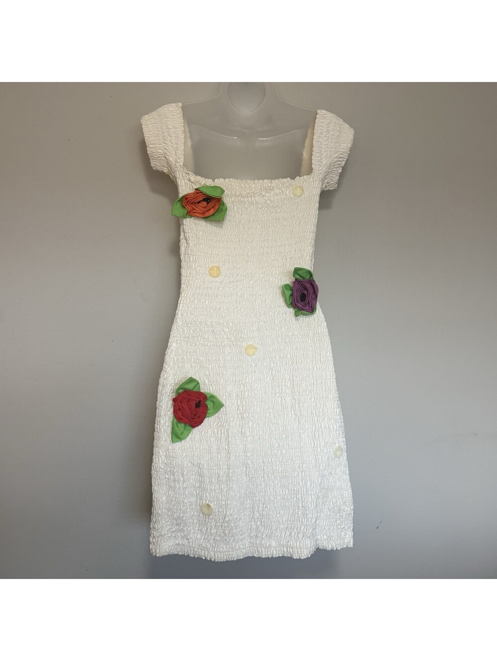 Betsey Johnson Rare Vintage Punk Label Smocked 3D Removable Roses Dress Small - Picture 4 of 9